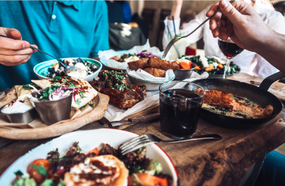 Friends sharing plates at a trendy restaurant