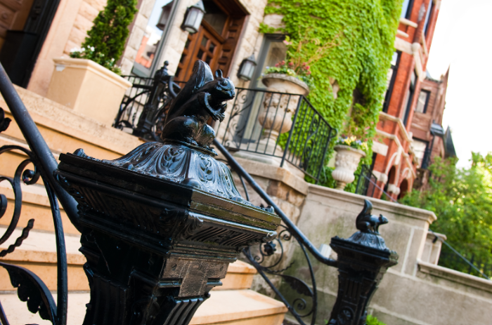 Front porch of mansion in Gold Coast neighborhood in Chicago